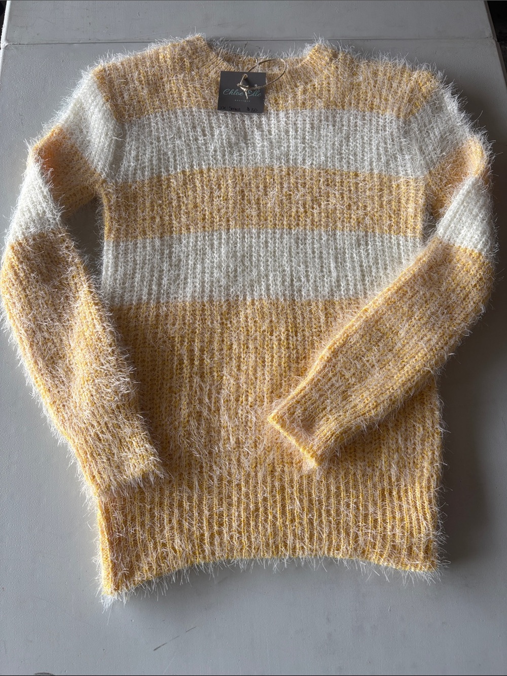 Fuzzy Striped Crewneck Sweater in Yellow & Cream - Charming Luxe